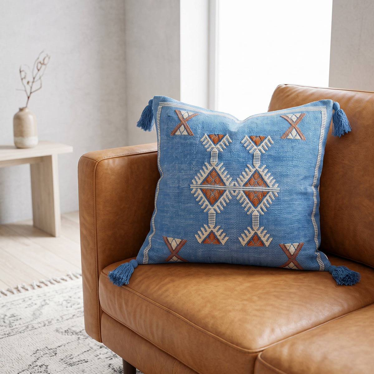 Blue embroidered boho cushion cover with tassels styled on a tan leather couch by Linen Connections
