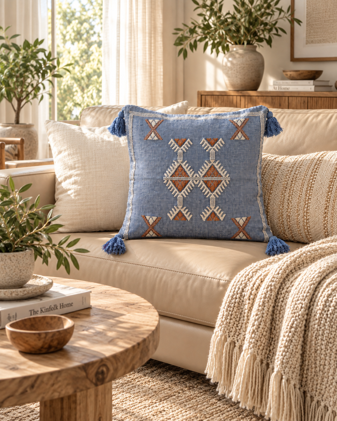 Blue tribal style cotton cushion cover with tassels for natural home decor