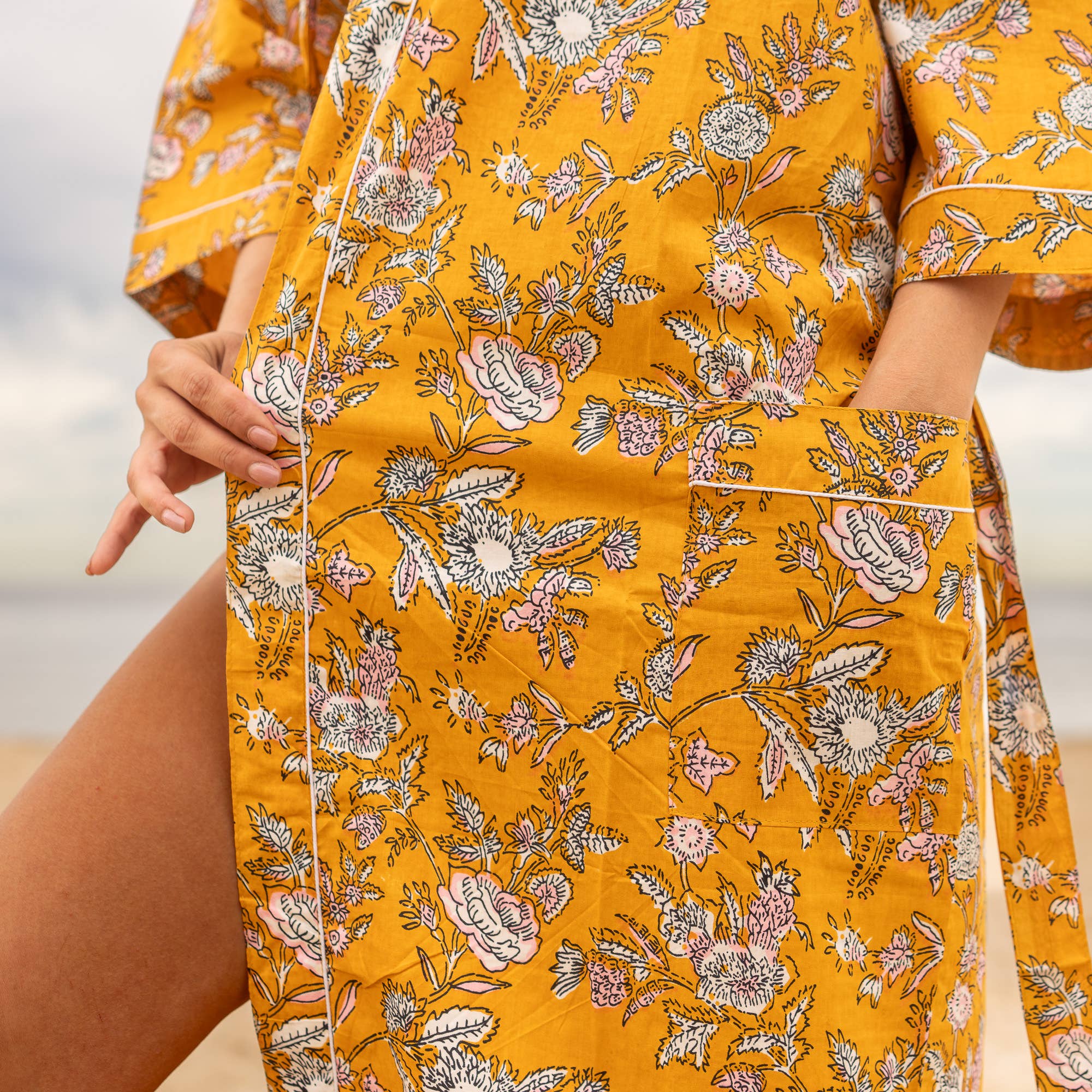 MUSTARD FLORAL' Women's Cotton Kimono Robe