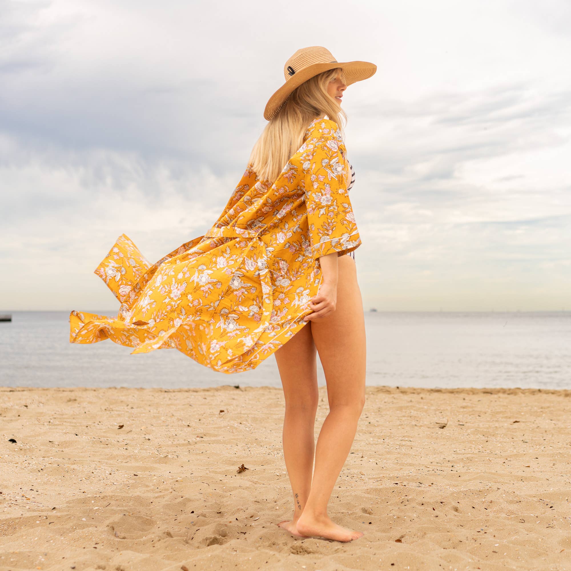 MUSTARD FLORAL' Women's Cotton Kimono Robe