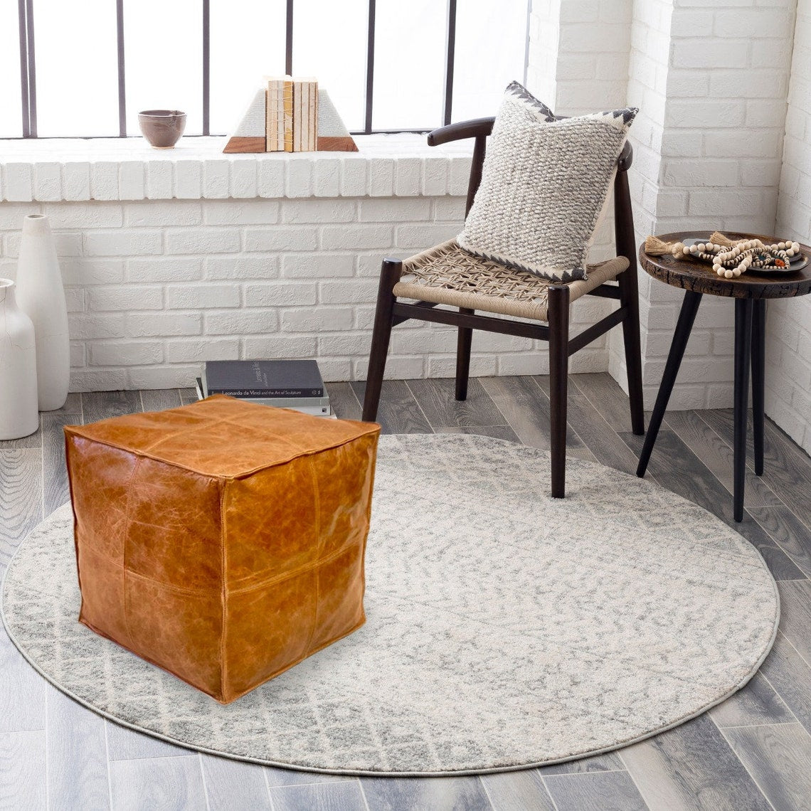 Leather Tan Moroccan Ottoman - Artisan Elegance