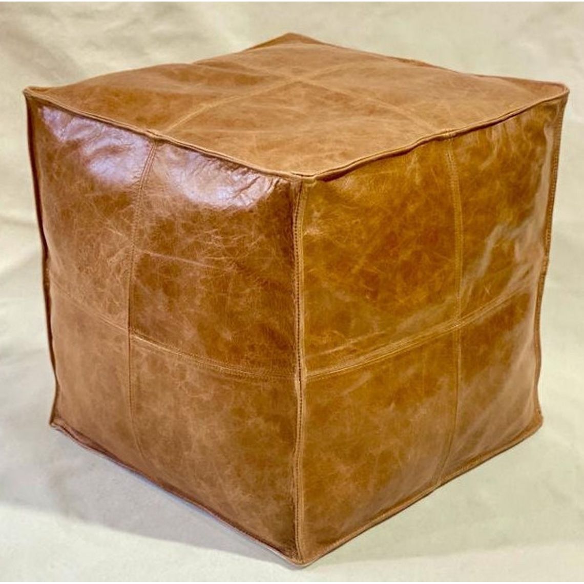 Leather Tan Moroccan Ottoman - Artisan Elegance