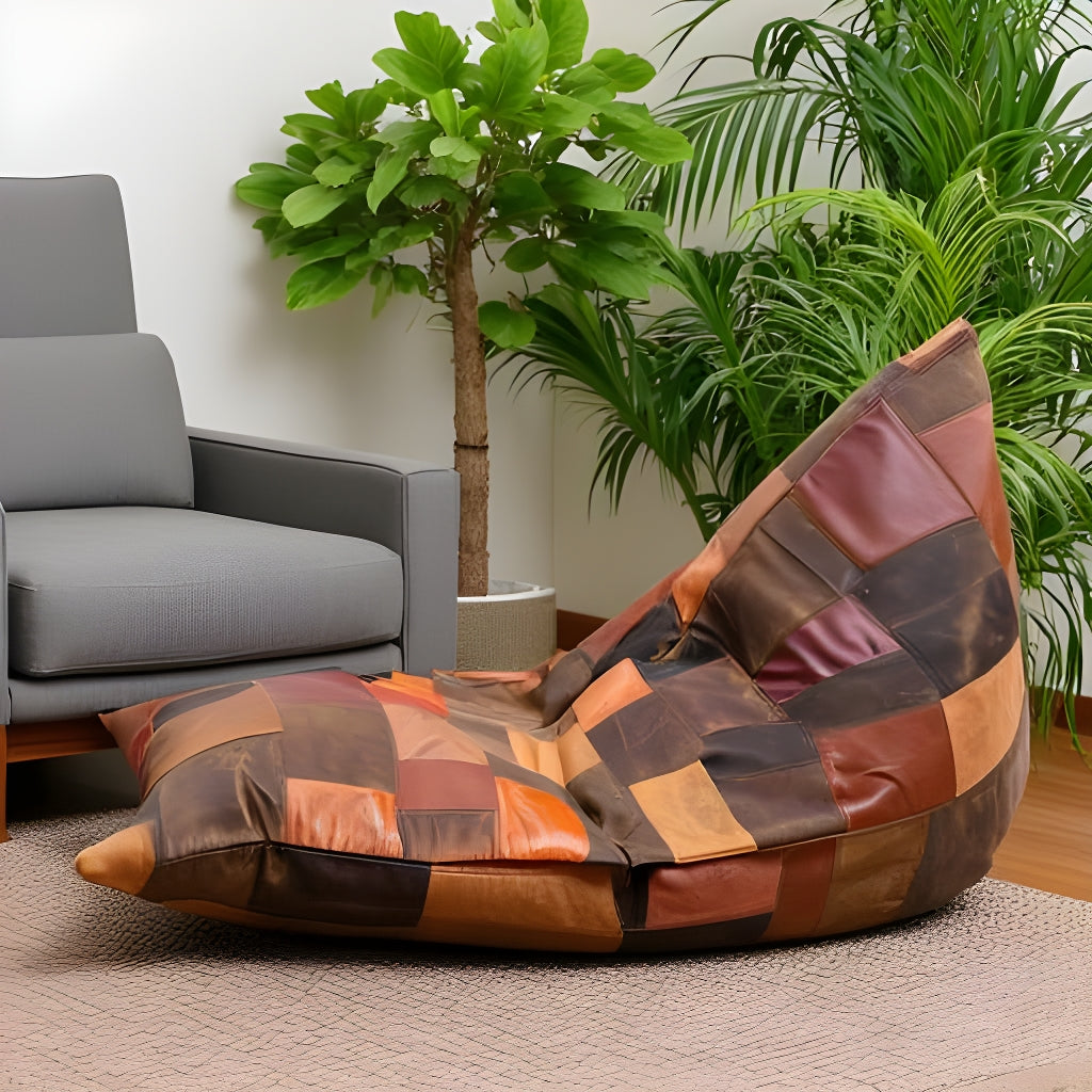 Vintage Leather Patchwork Bean Bag Cover - Upcycled Cowhide Lounger