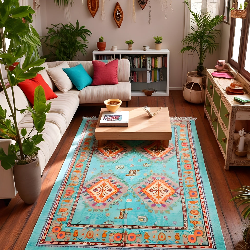Bohemian Turquoise Tribal Rug – 120x180cm Handwoven Cotton Accent