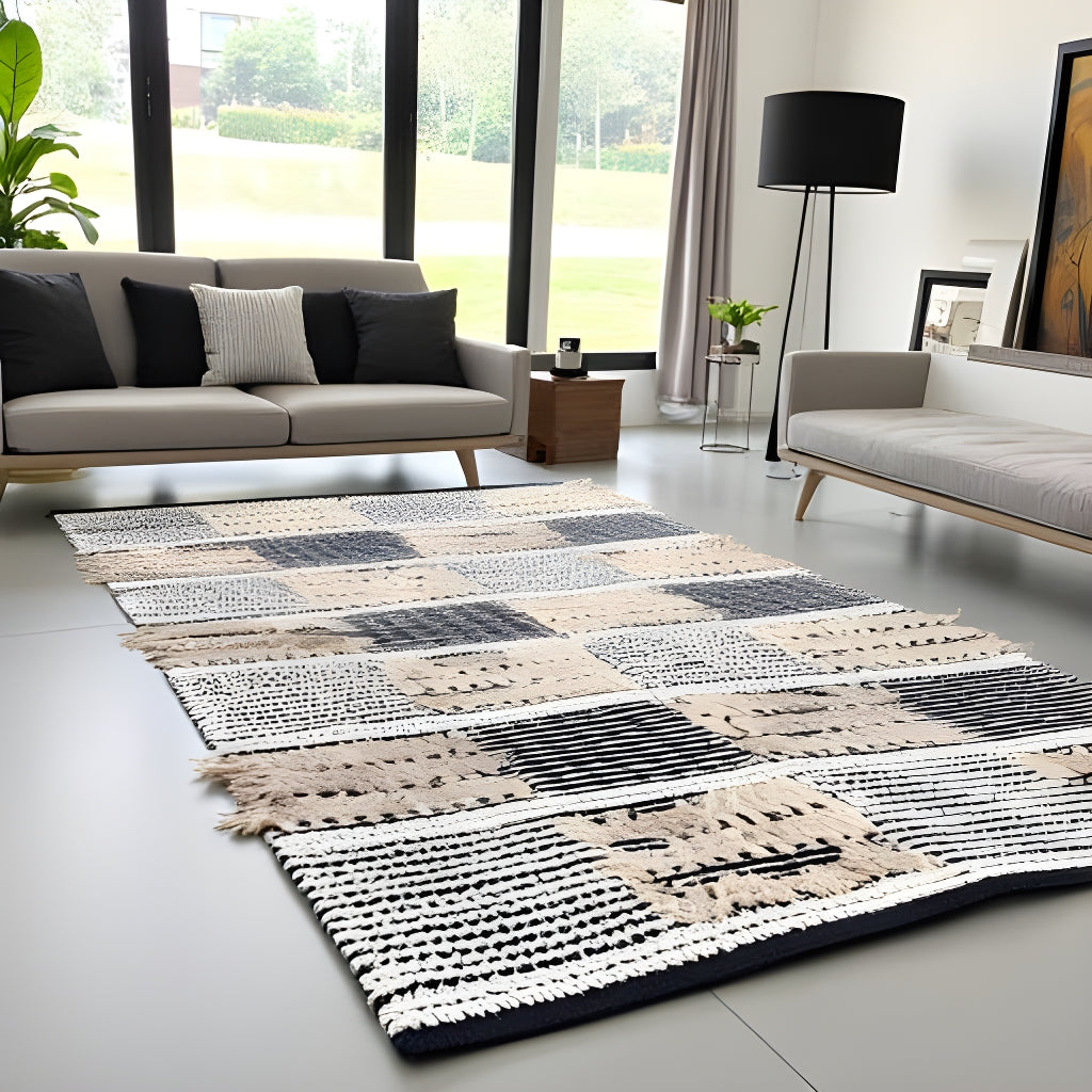 Patchwork Neutral Color Rug Scandinavian Handwoven Cotton Rug - Neutral Geometric Patchwork