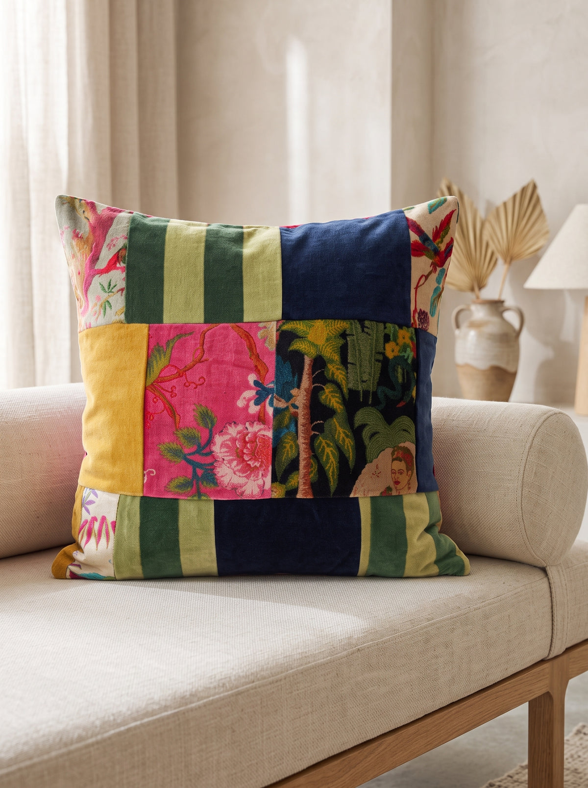 Multicolour patchwork cotton velvet cushion cover 45x45cm on cream sofa