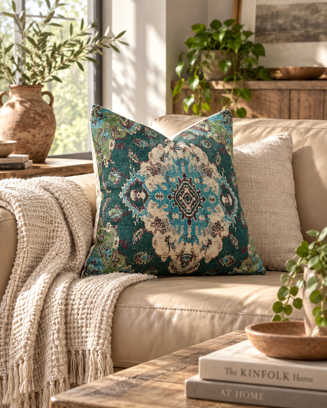 Teal boho cushion cover with cream and turquoise ornamental pattern for neutral home decor
