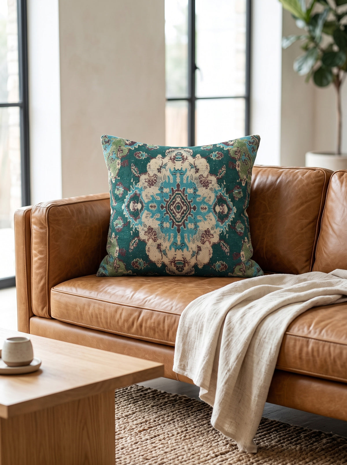 Teal kilim inspired cushion cover styled on tan leather couch with natural home decor