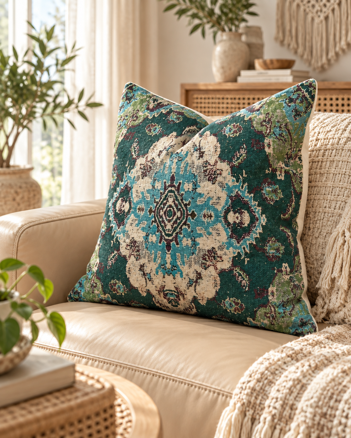 Teal Moroccan boho cushion cover styled on a cream sofa by Linen Connections