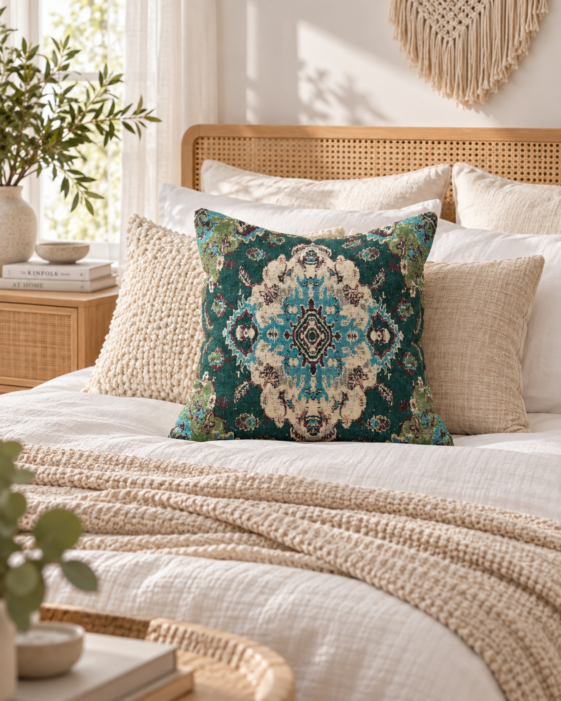Teal Moroccan style cushion cover with vintage ornamental design styled on a boho bed