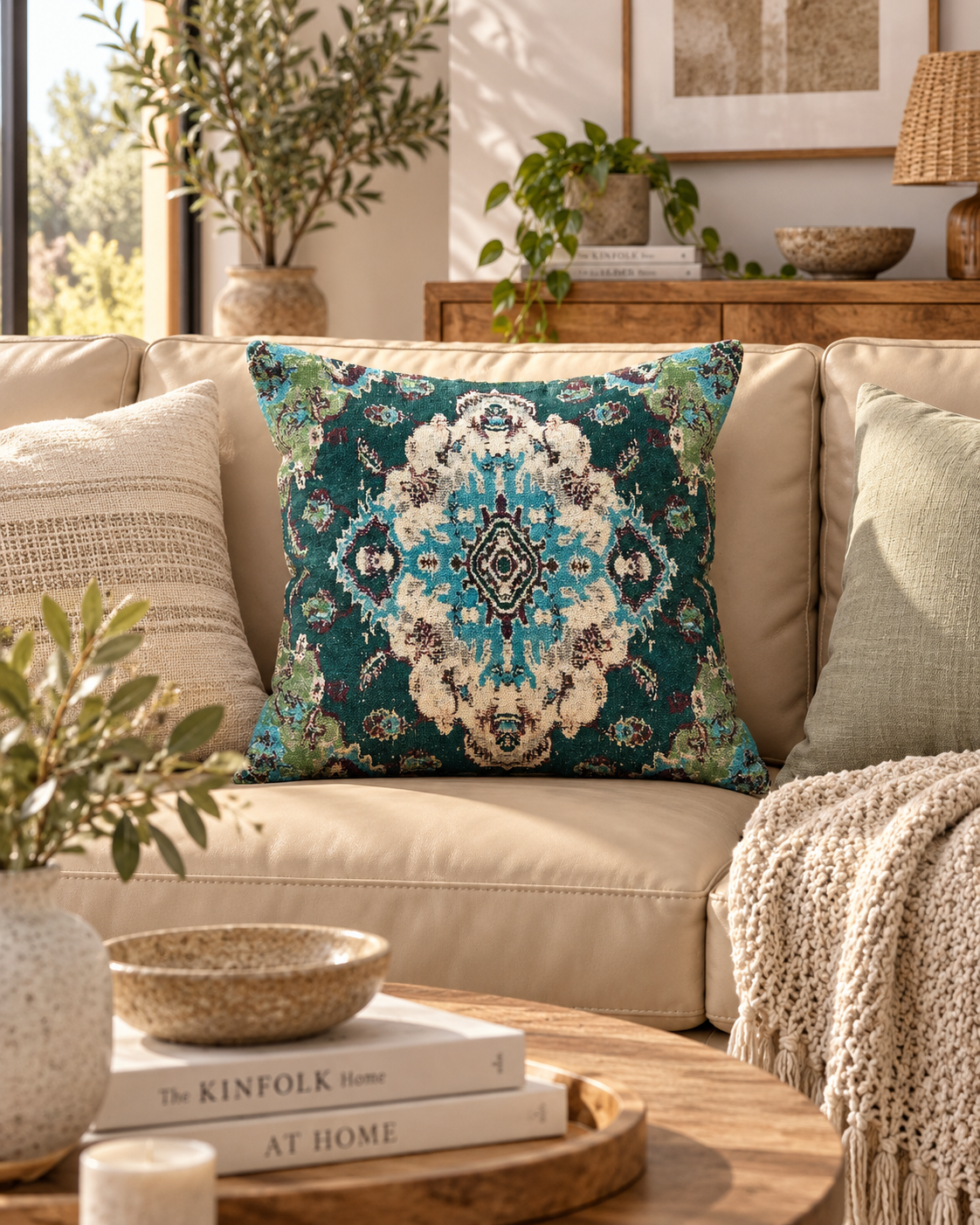 Teal ornamental kilim cushion cover with vintage rug inspired pattern in living room