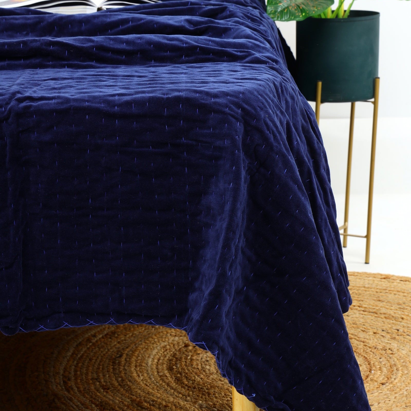 Boho Velvet Kantha Quilt - Handmade Block Print Bedspread