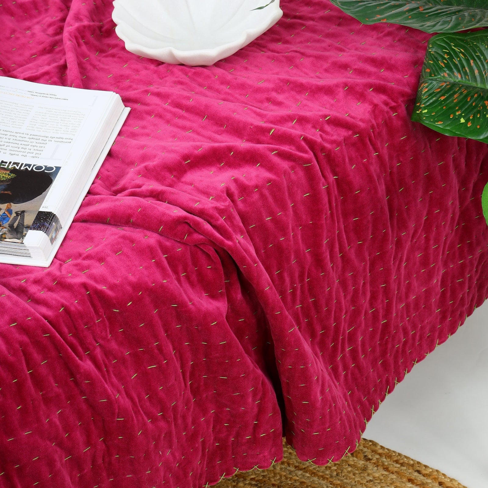 Handmade Velvet Kantha Quilt - Boho Block Print Bedspread