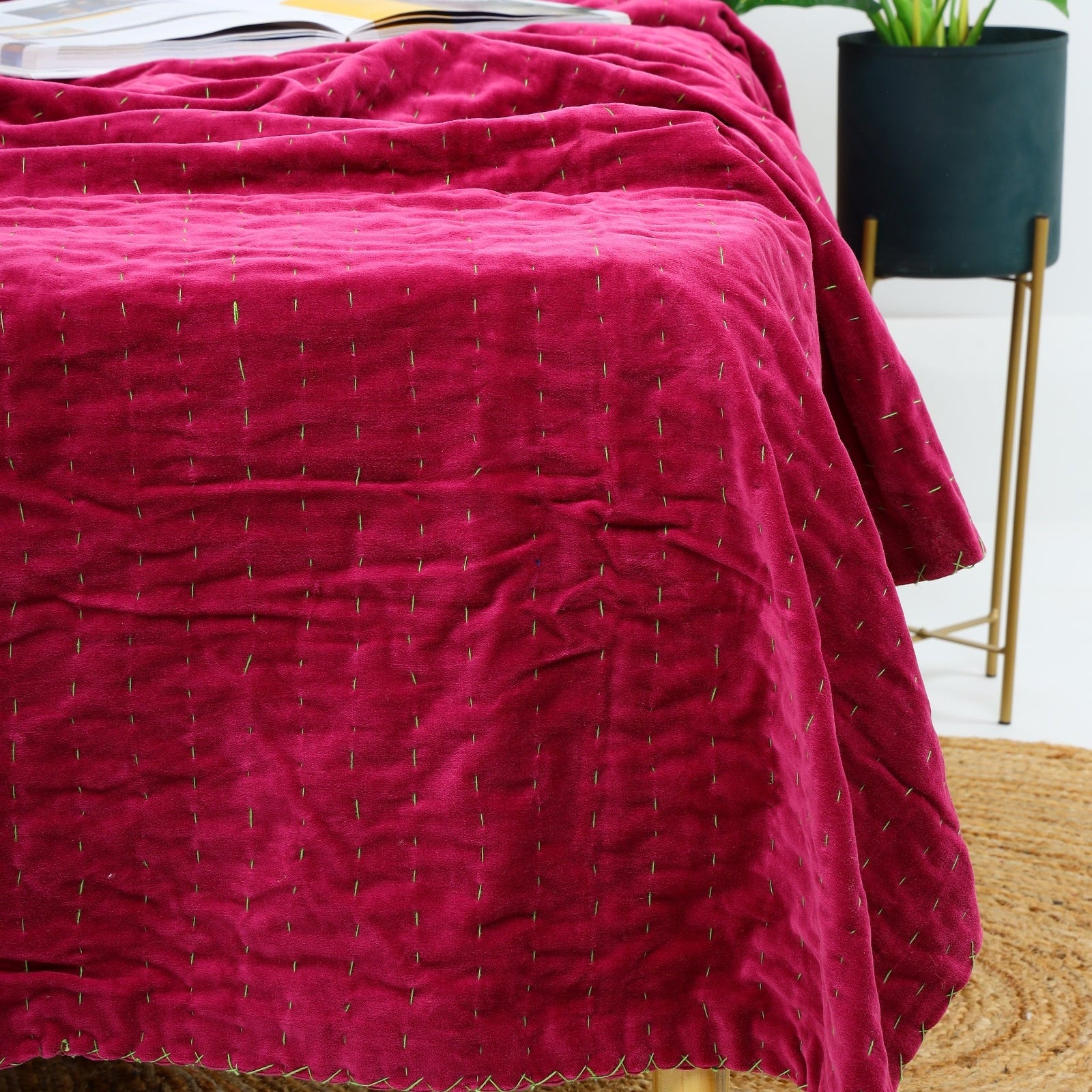 Handmade Velvet Kantha Quilt - Boho Block Print Bedspread
