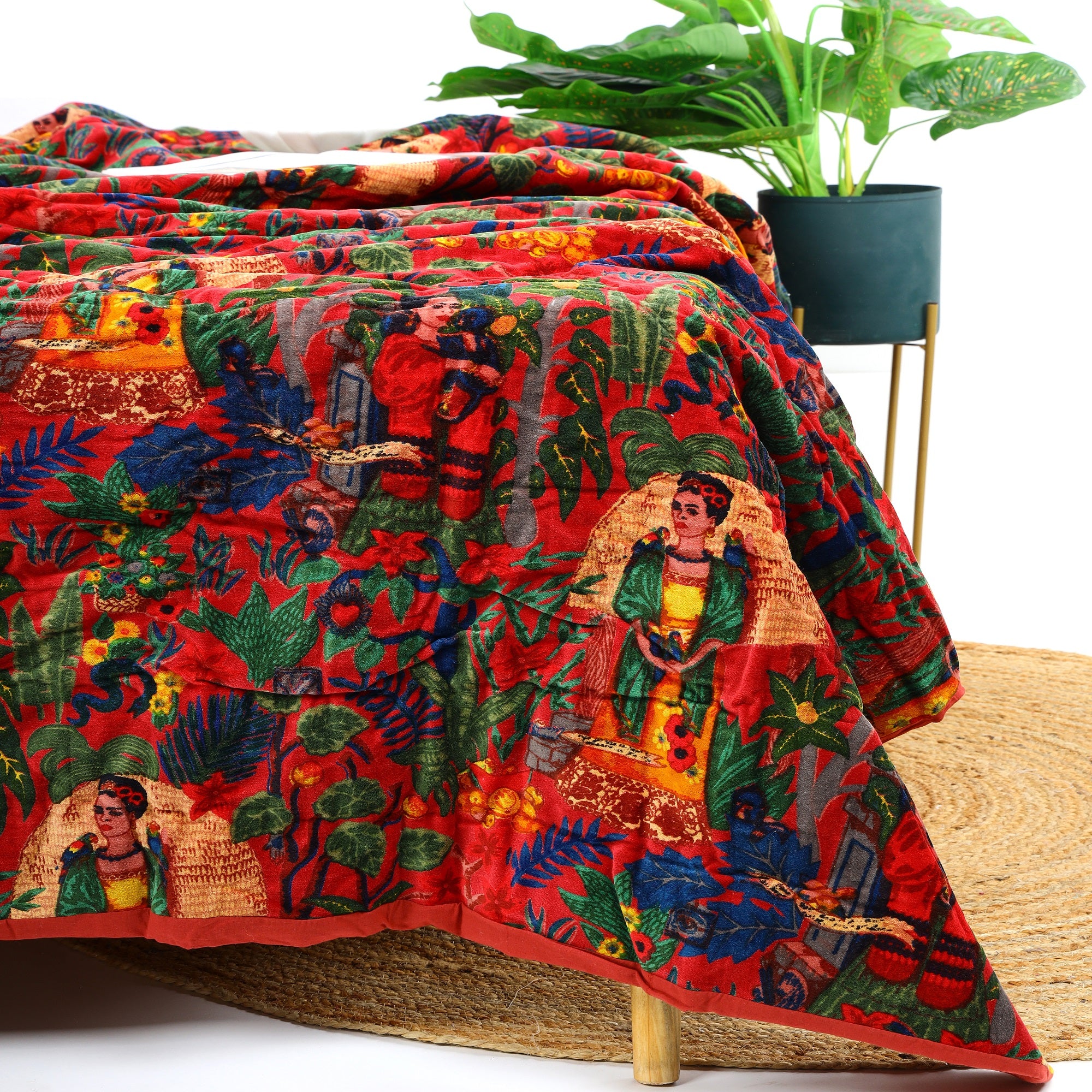 Velvet Frida Kantha Quilt Cotton Quilt Patchwork Quilt Handamade Red Velvet Quilt Floral Quilt Comforter Bedspread Blanket Bedcover Indian