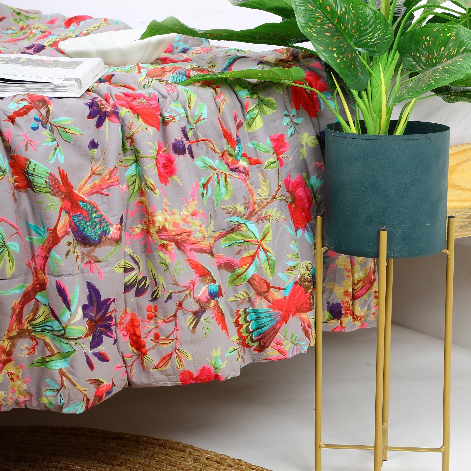 Velvet Floral Kantha Quilt - Serendipity Grey Bird