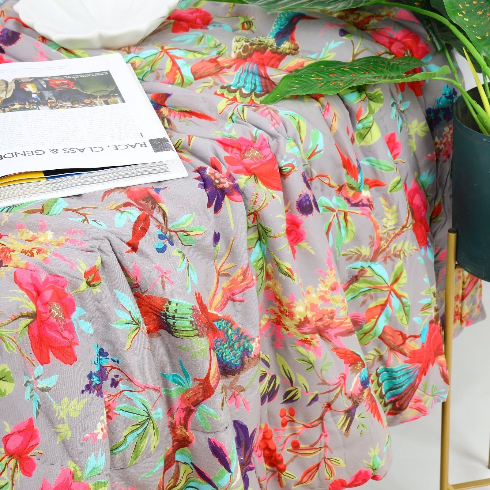 Velvet Floral Kantha Quilt - Serendipity Grey Bird