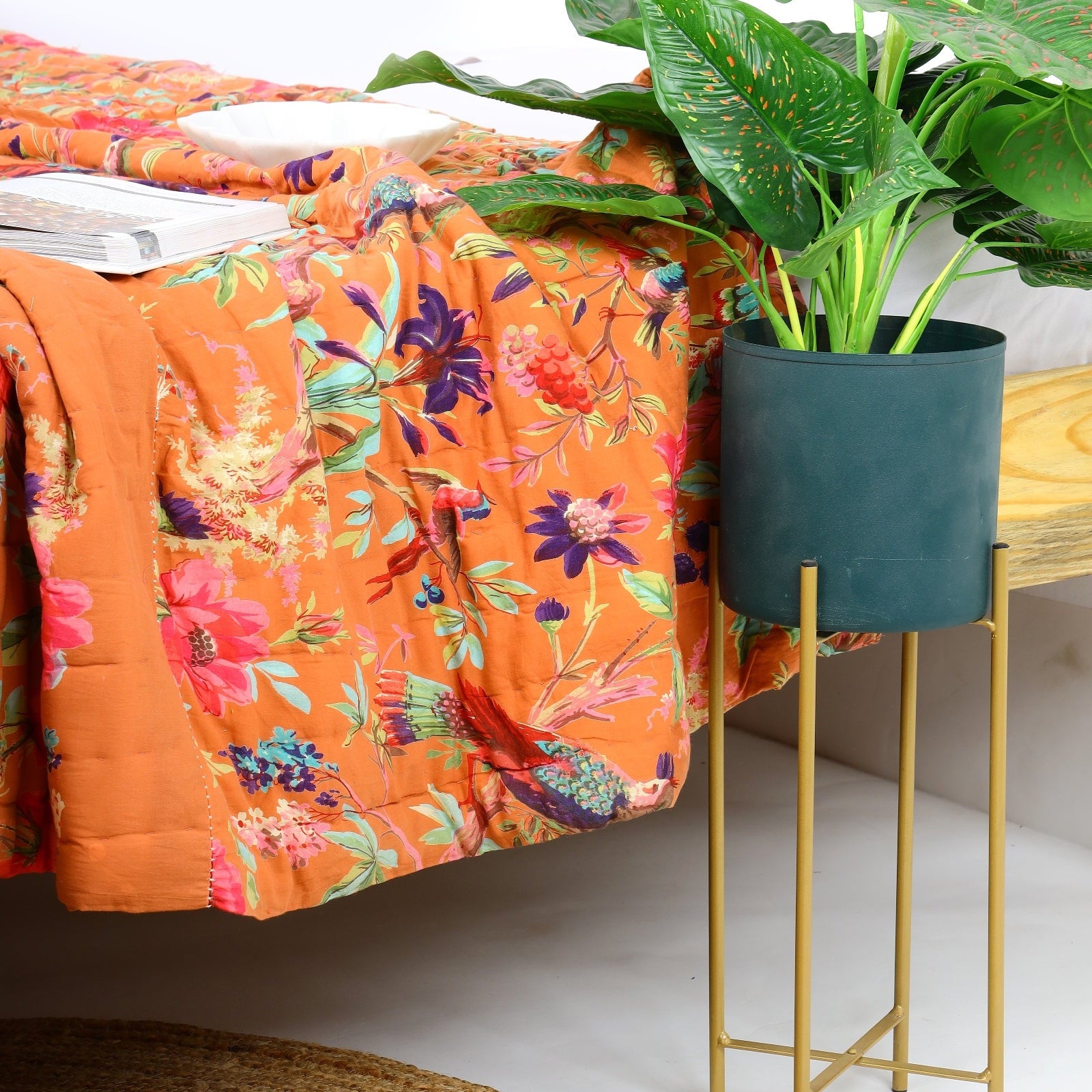 Velvet Floral Kantha Quilt - Bird Paradise Orange