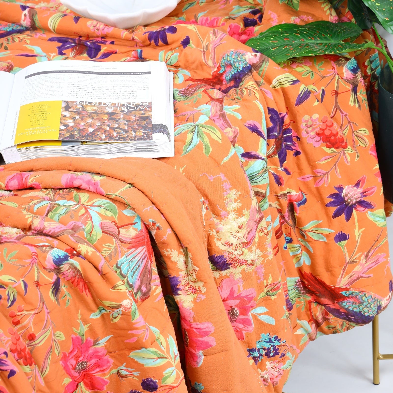 Velvet Floral Kantha Quilt - Bird Paradise Orange