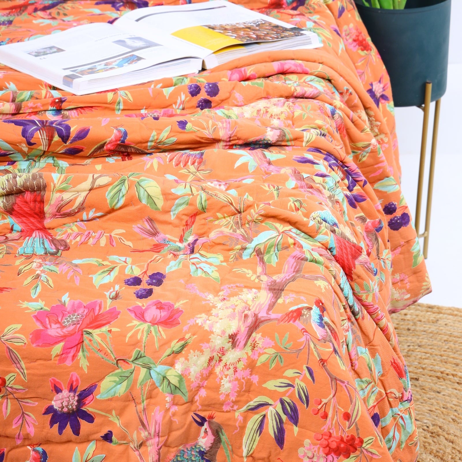 Velvet Floral Kantha Quilt - Bird Paradise Orange