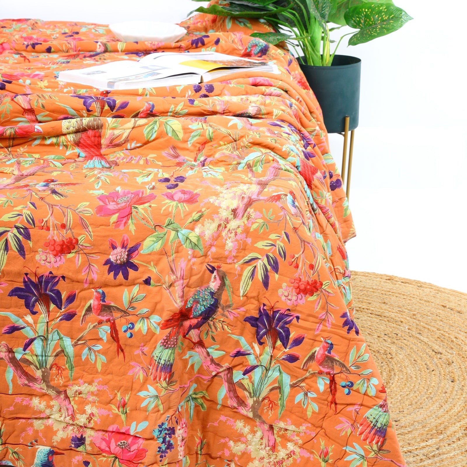 Velvet Floral Kantha Quilt - Bird Paradise Orange