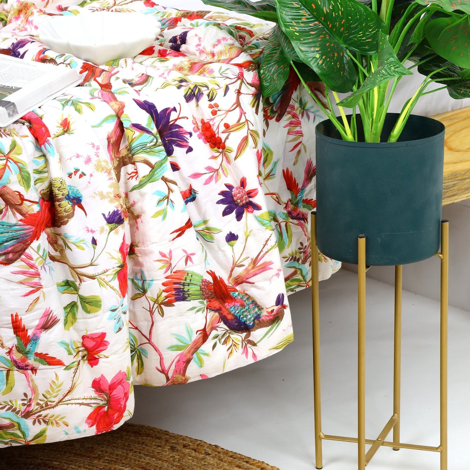 Velvet Floral Kantha Quilt - Patchwork White Bird