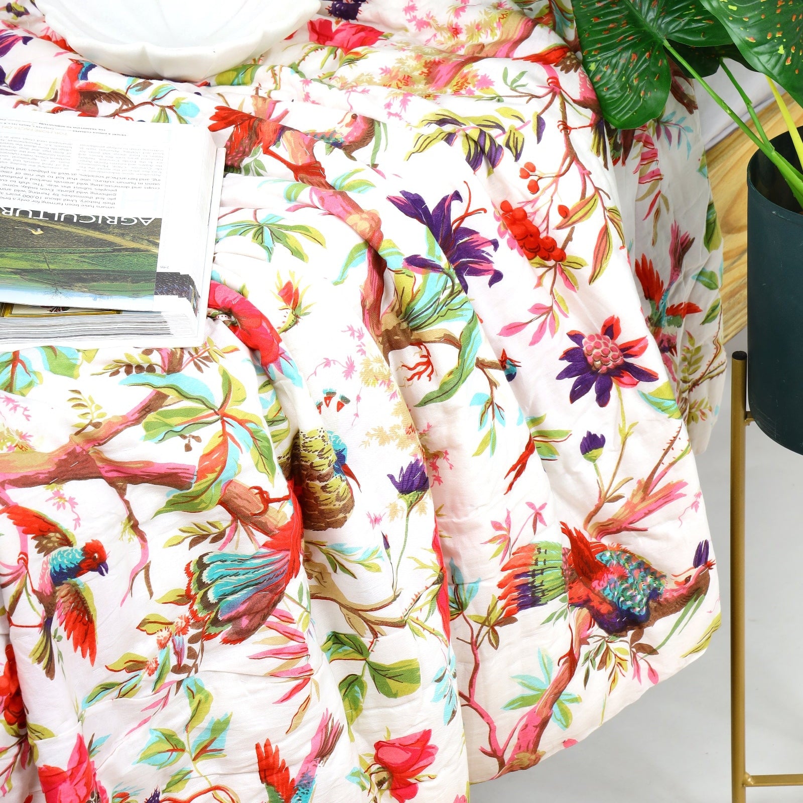 Velvet Floral Kantha Quilt - Patchwork White Bird
