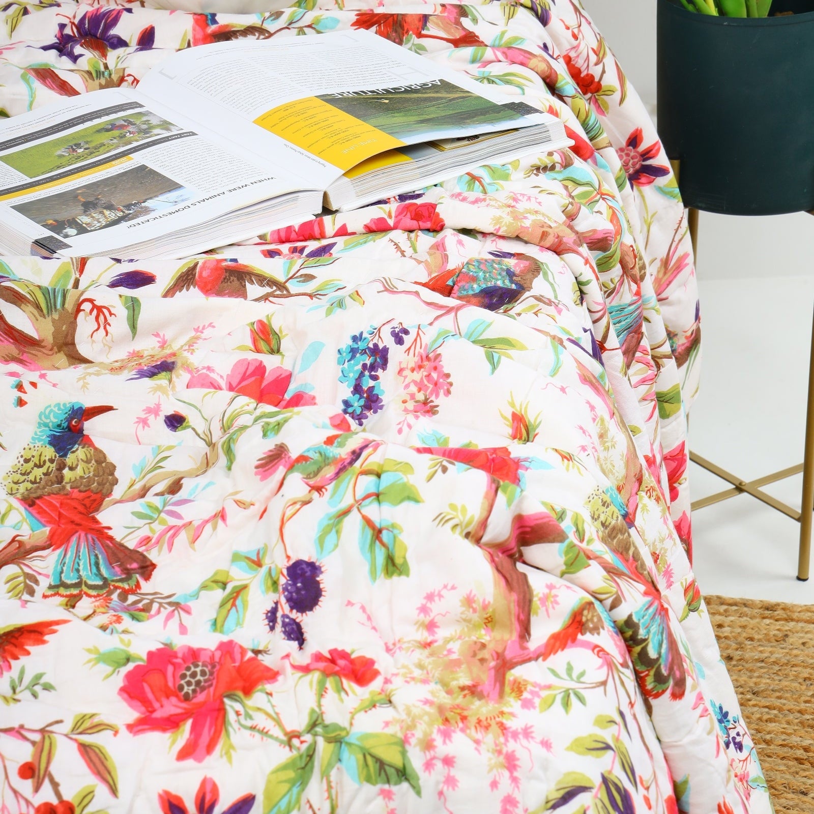 Velvet Floral Kantha Quilt - Patchwork White Bird