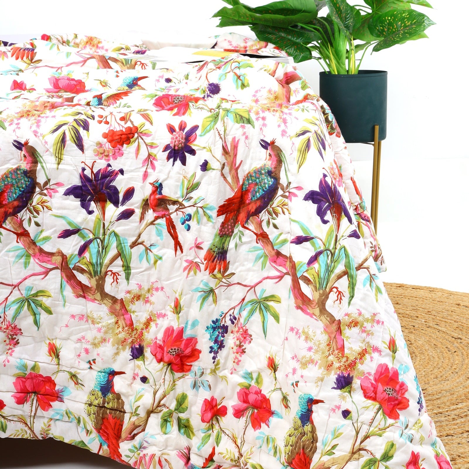 Velvet Floral Kantha Quilt - Patchwork White Bird