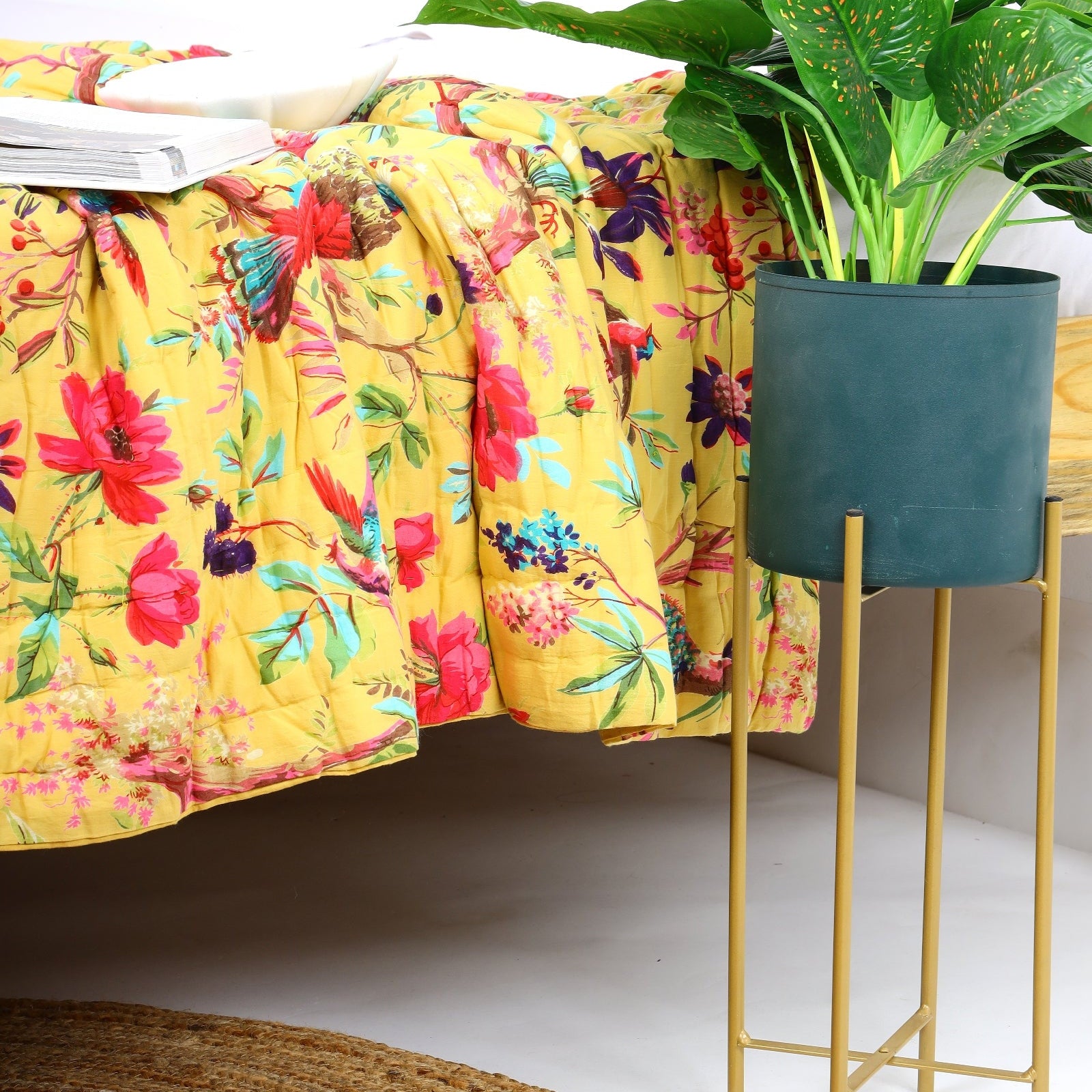 Velvet Floral Kantha Quilt - Bird Paradise Lemon