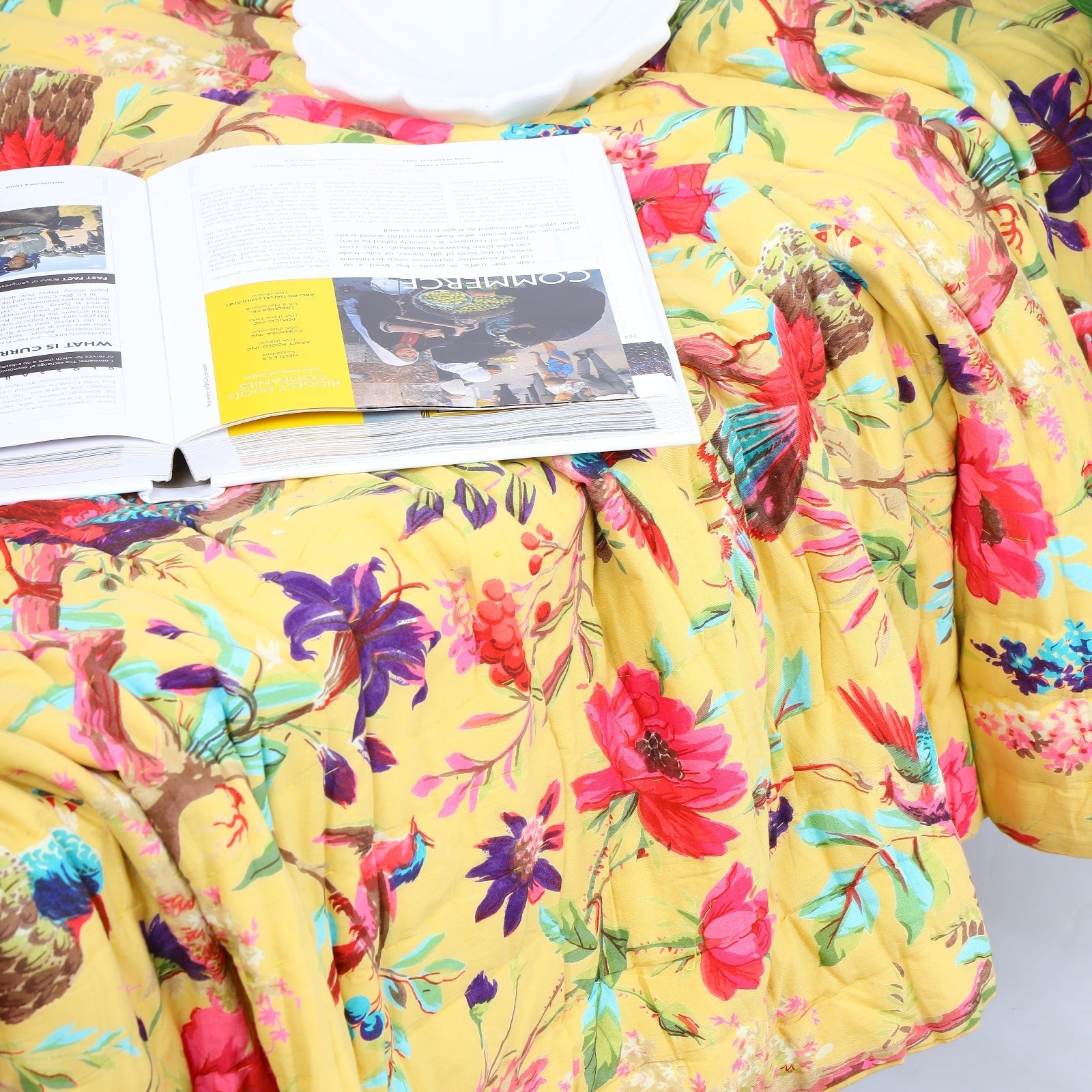 Velvet Floral Kantha Quilt - Bird Paradise Lemon
