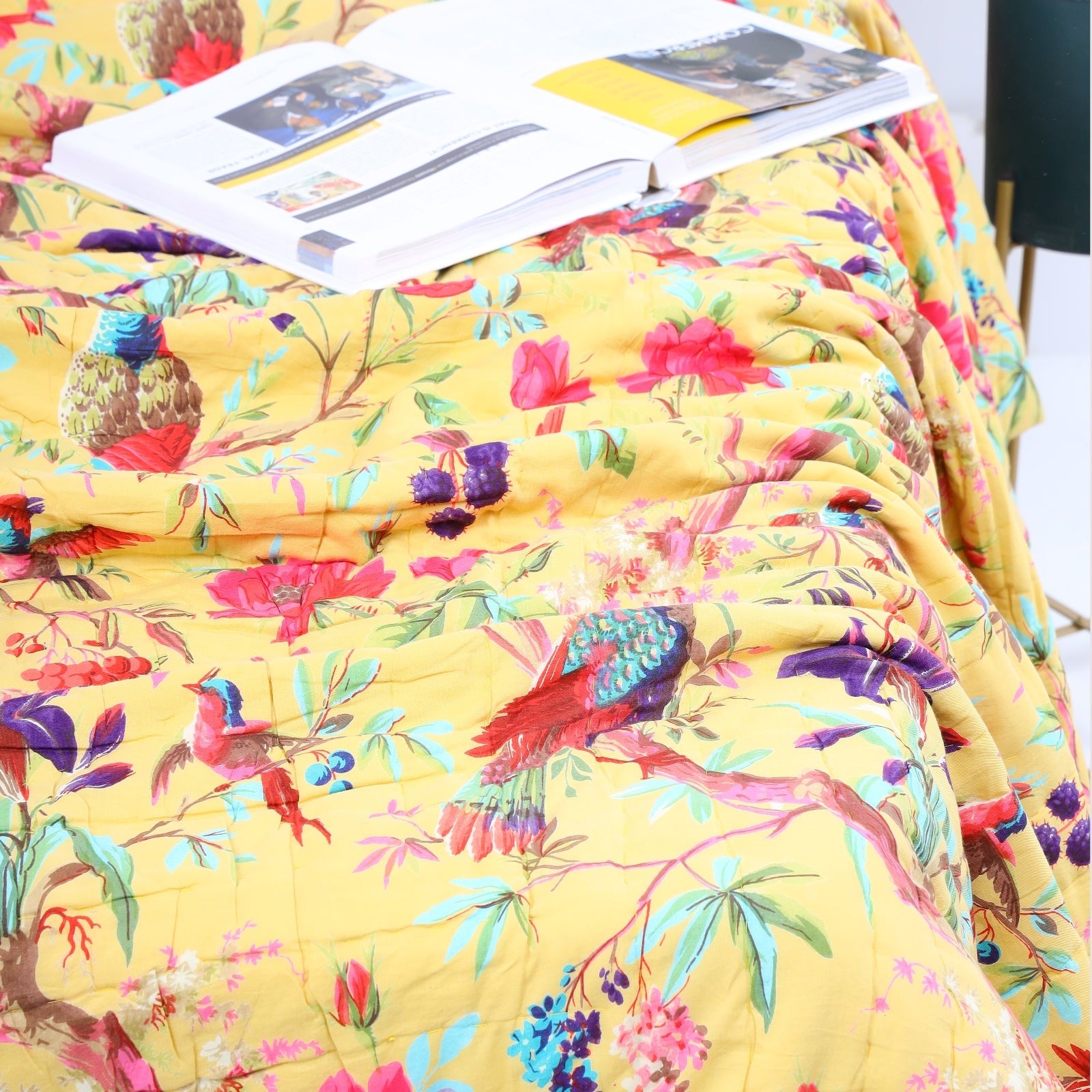 Velvet Floral Kantha Quilt - Bird Paradise Lemon