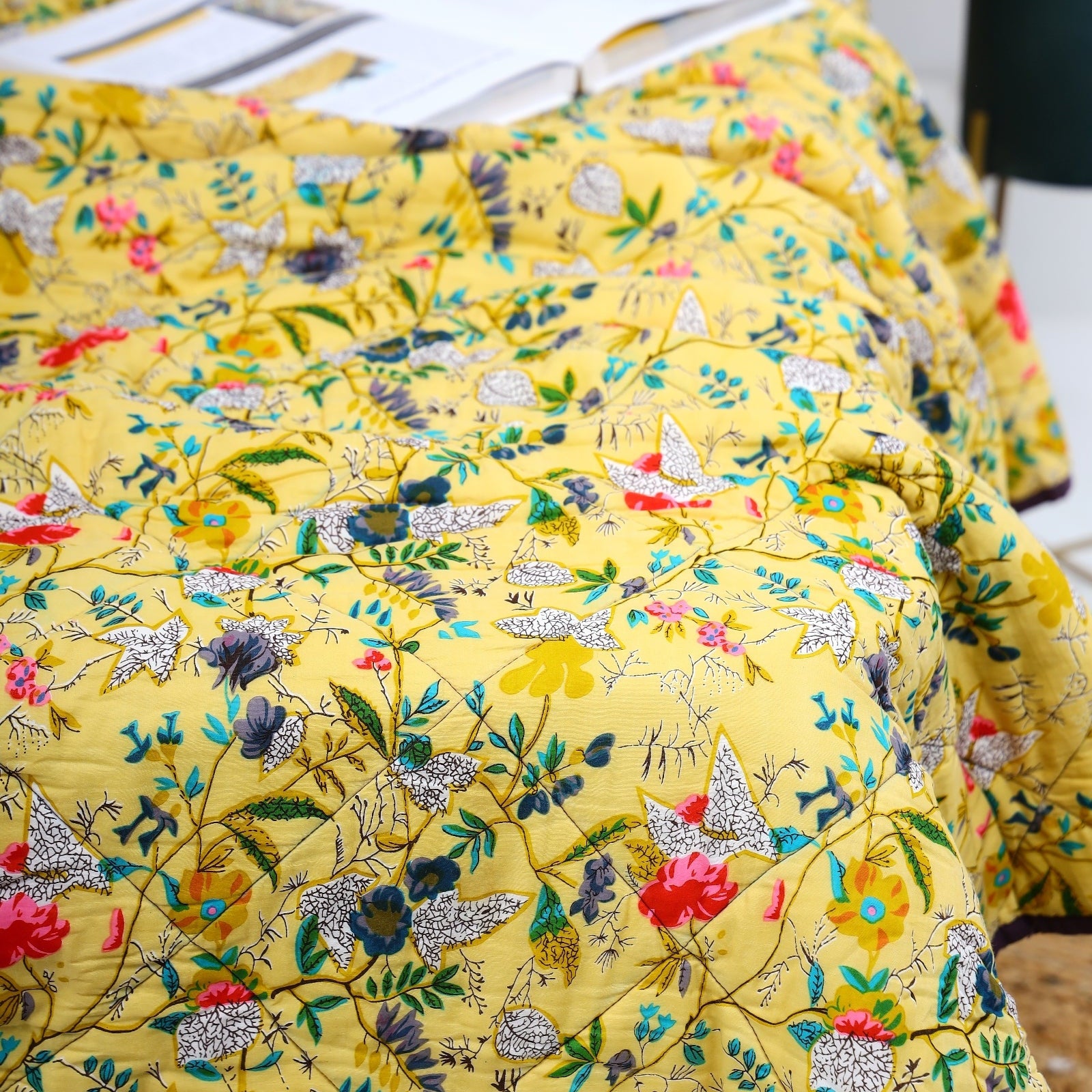 Velvet Floral Kantha Quilt - Bird Paradise Citrus