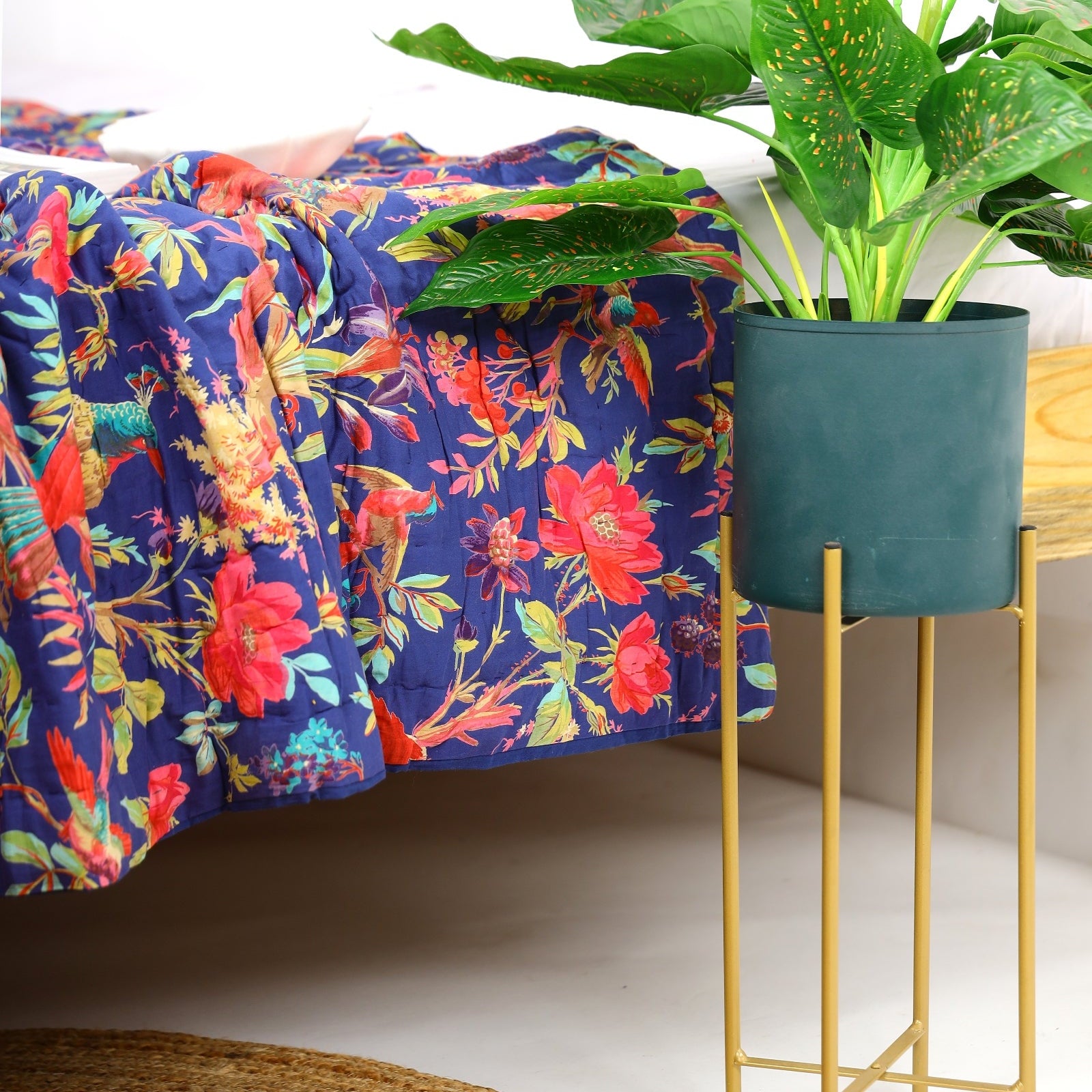 Velvet Floral Kantha Quilt - Bright Blue Bird