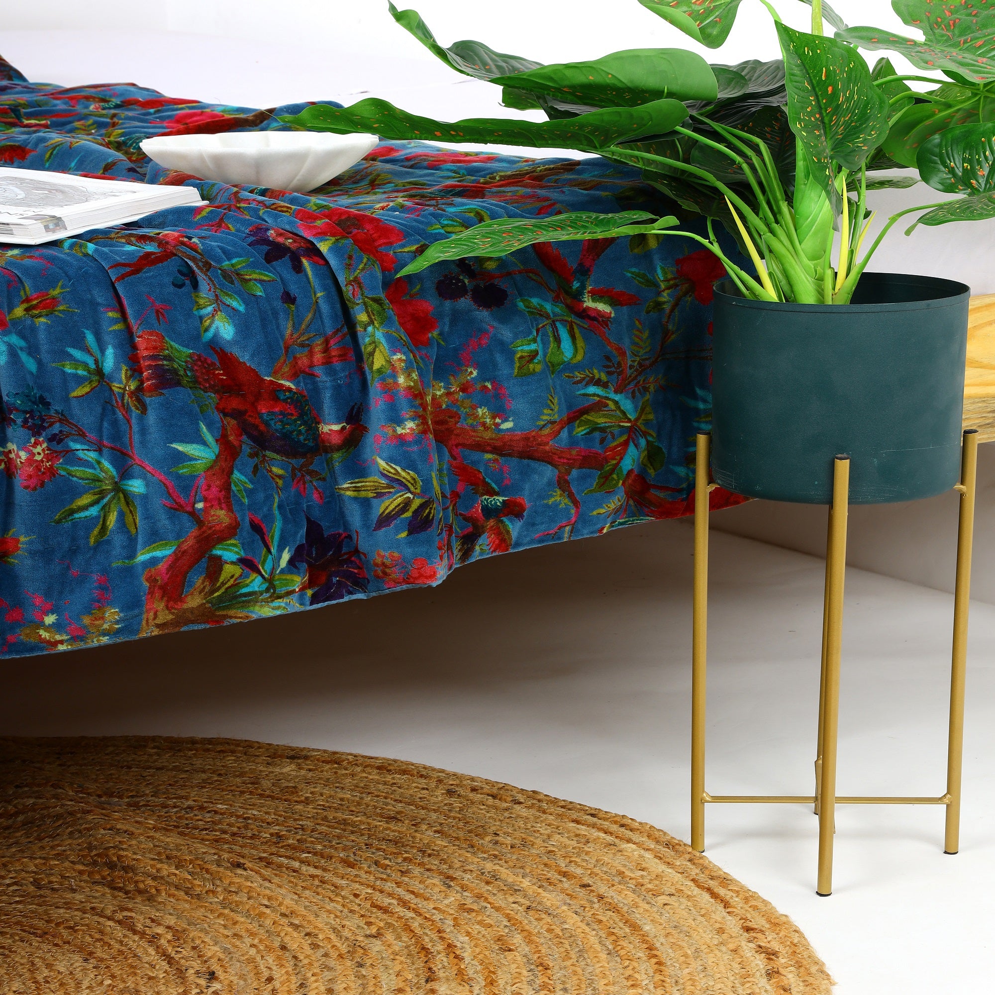 Velvet Floral Kantha Quilt - Bird Paradise Blue