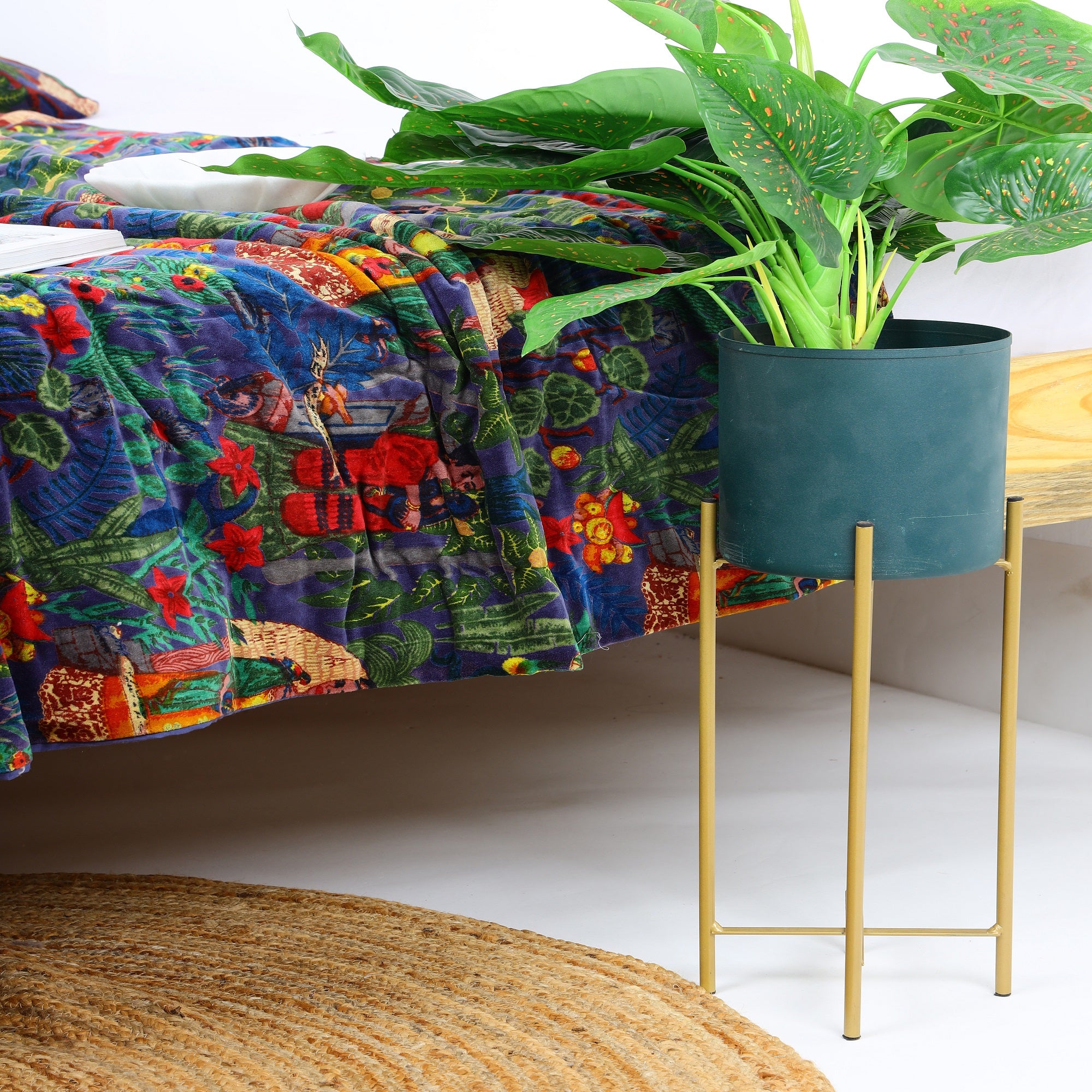 Velvet Floral Kantha Quilt - Frida Dark Azure