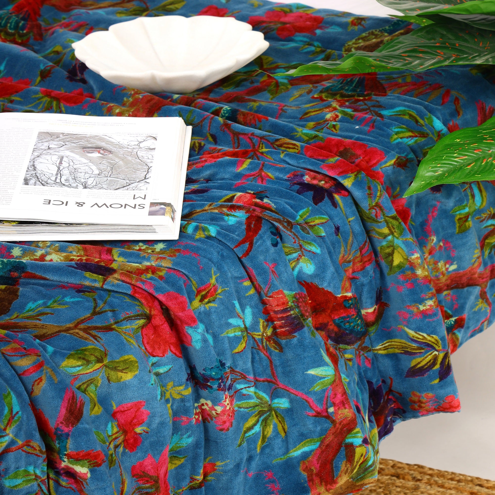 Velvet Floral Kantha Quilt - Bird Paradise Blue