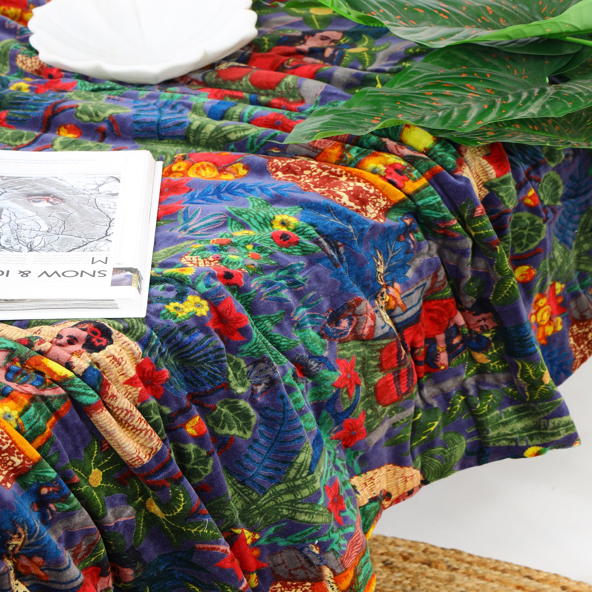 Velvet Floral Kantha Quilt - Frida Dark Azure