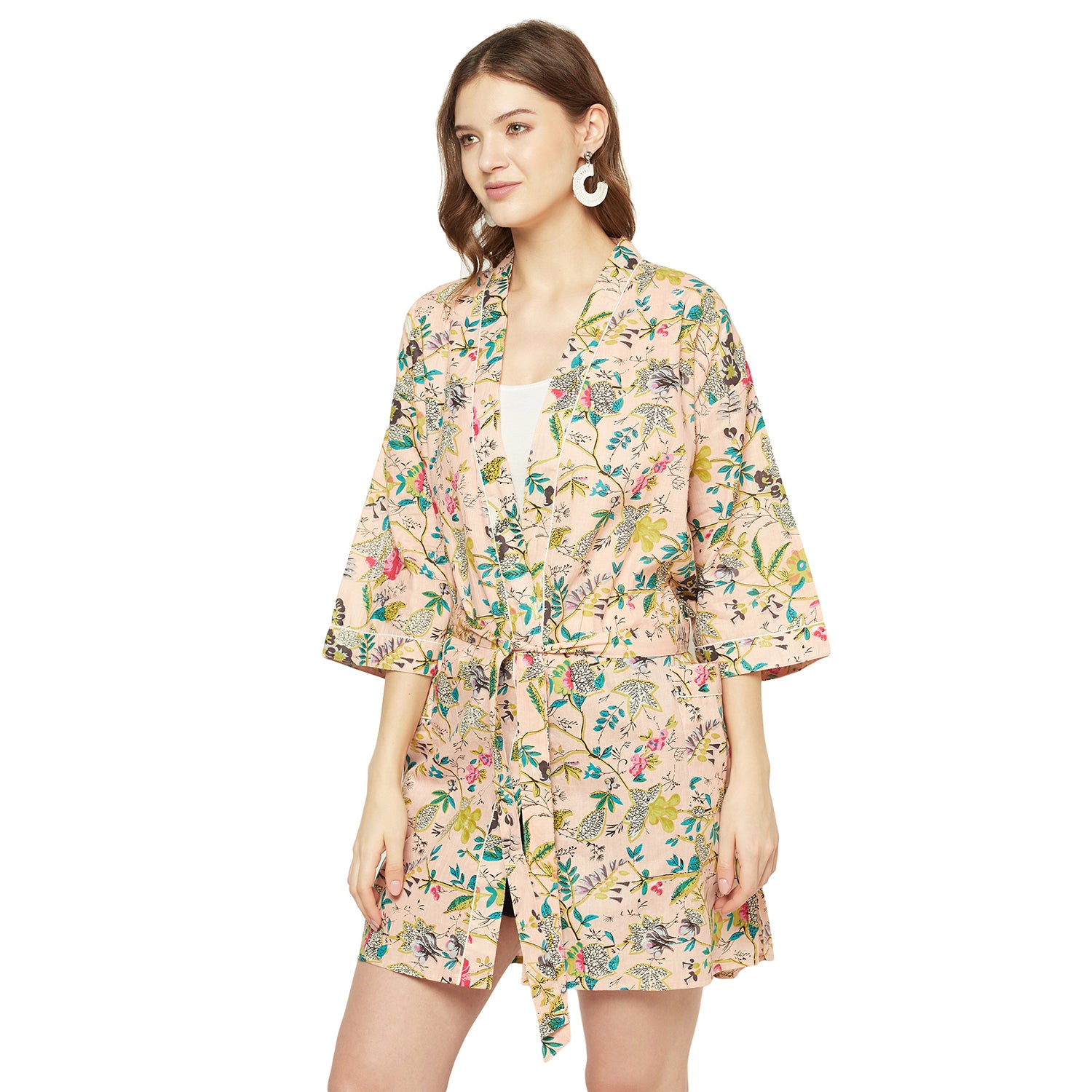 "Frida's Haven" - Cotton Kimono Bathrobe, Boho Beachwear