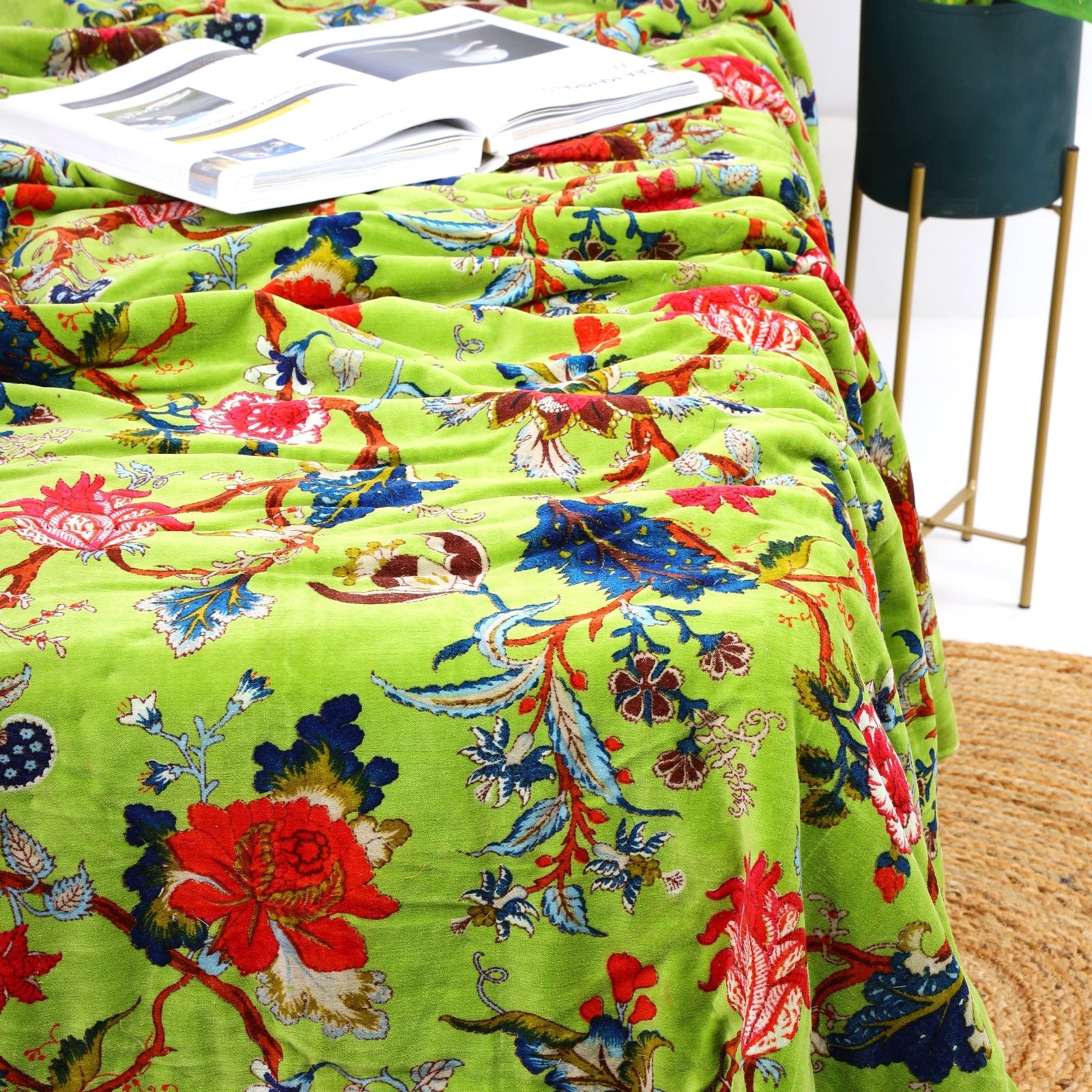 Velvet Floral Kantha Quilt - Paradise Green