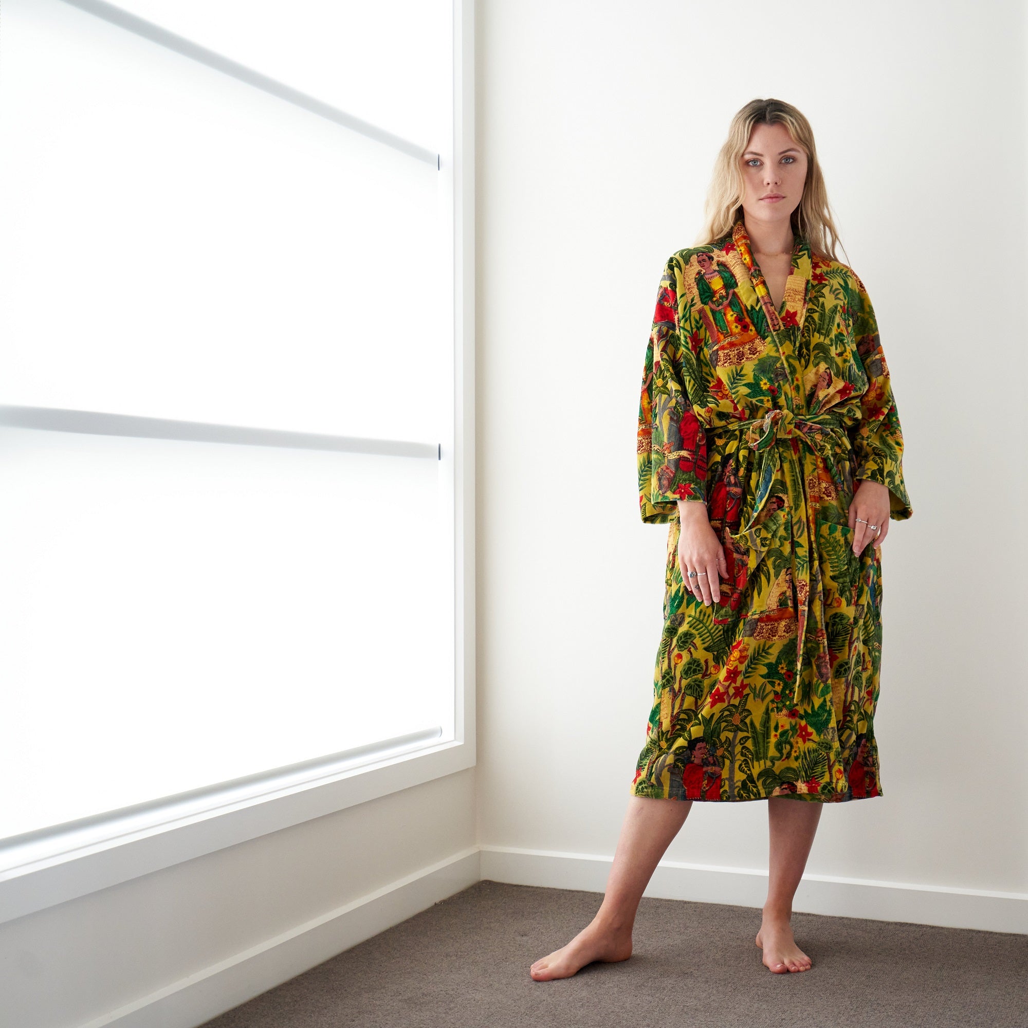 'Frida's Foliage' 100% Cotton Velvet Kimono Robe Robe