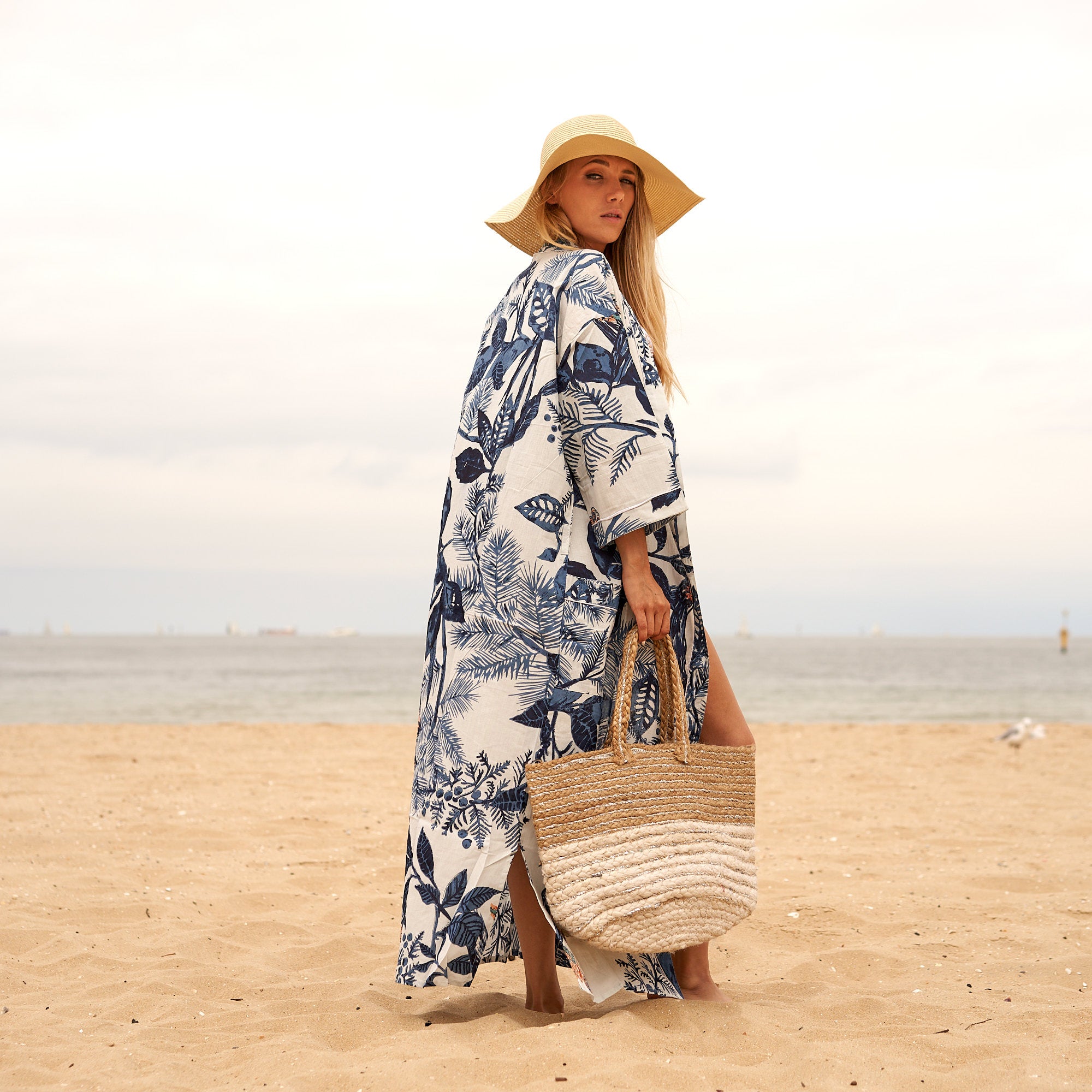 'Azure Blooms' 100% Cotton Kimono