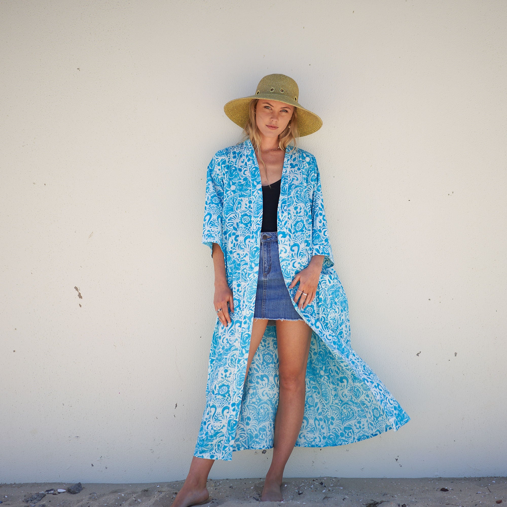 'Ocean Blossoms' 100% Cotton Kimono Robe
