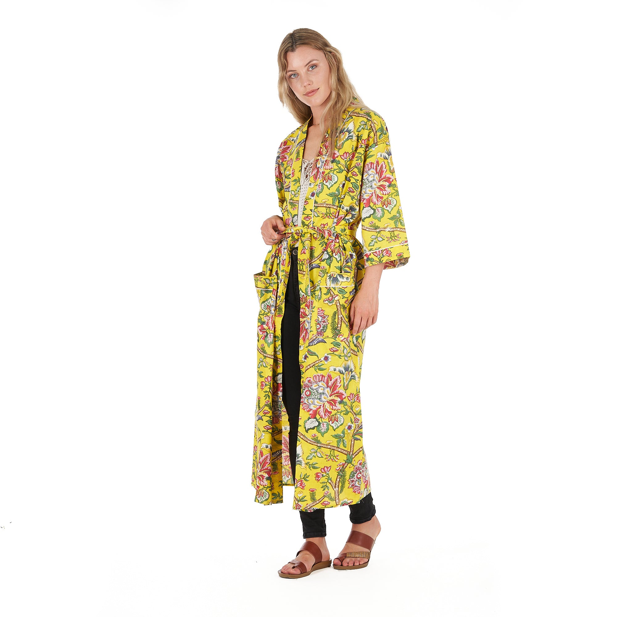 'Lemon Floral Hues' 100% Cotton Kimono Robe