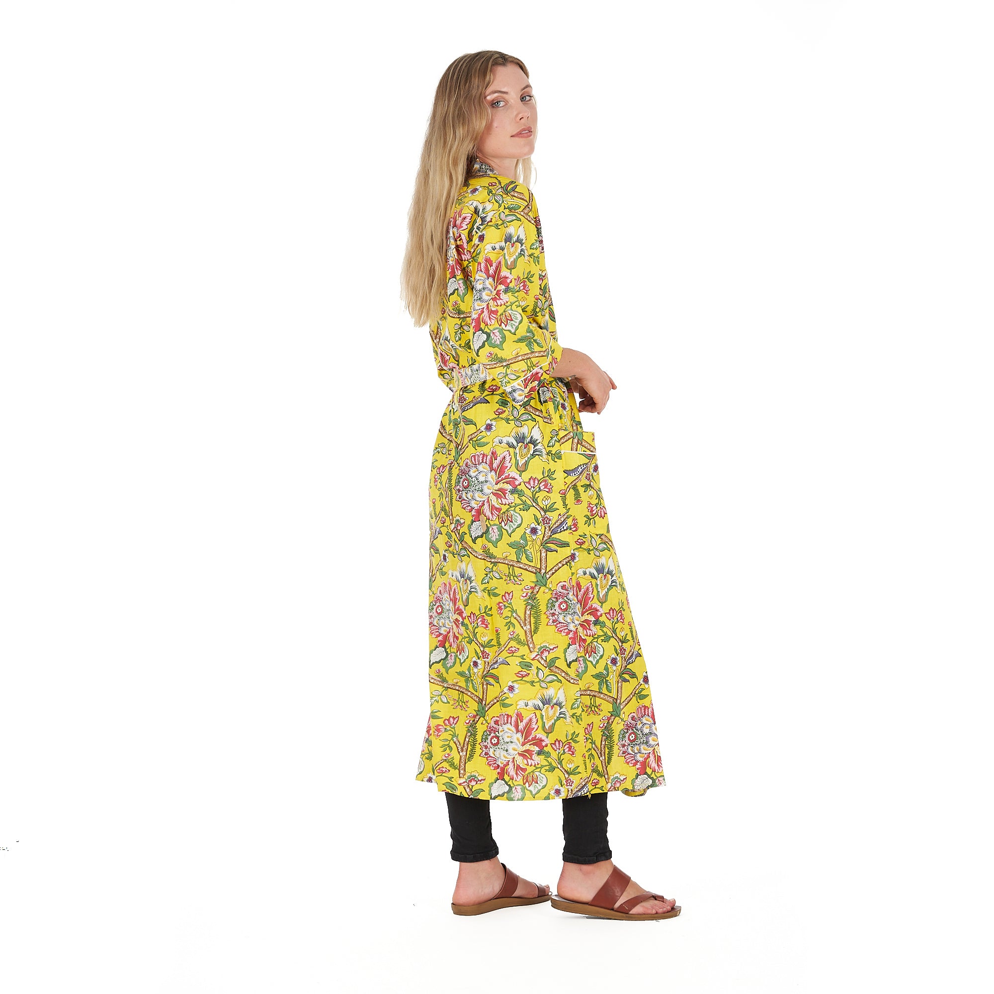 'Lemon Floral Hues' 100% Cotton Kimono Robe