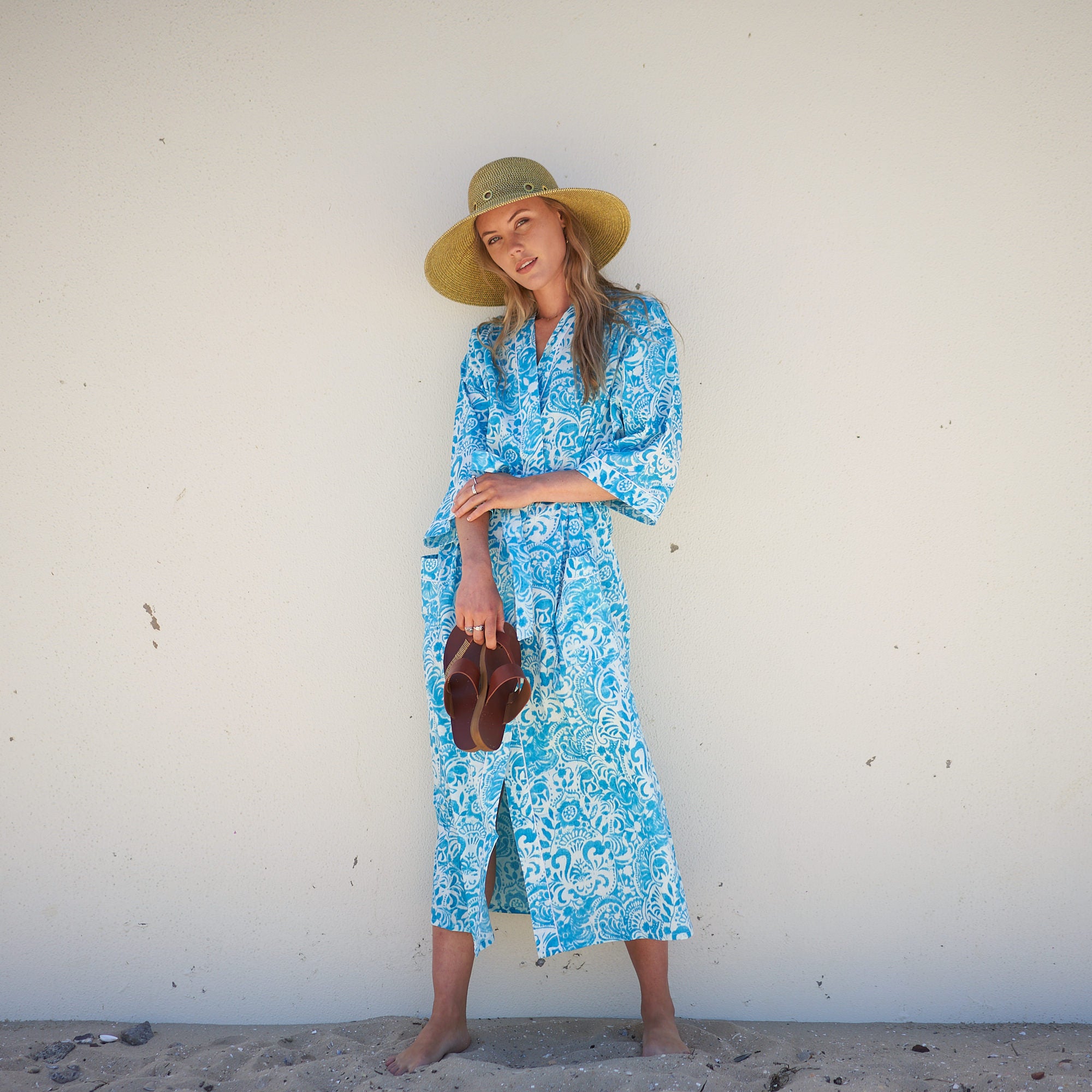 'Ocean Blossoms' 100% Cotton Kimono Robe