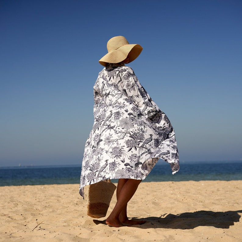 'Beachside Blooms' Cotton Kimono Robe