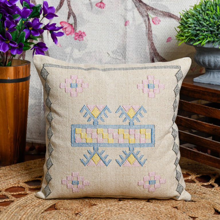 'Boho Retreat' Hand-Woven Cotton Wool Cushion Cover