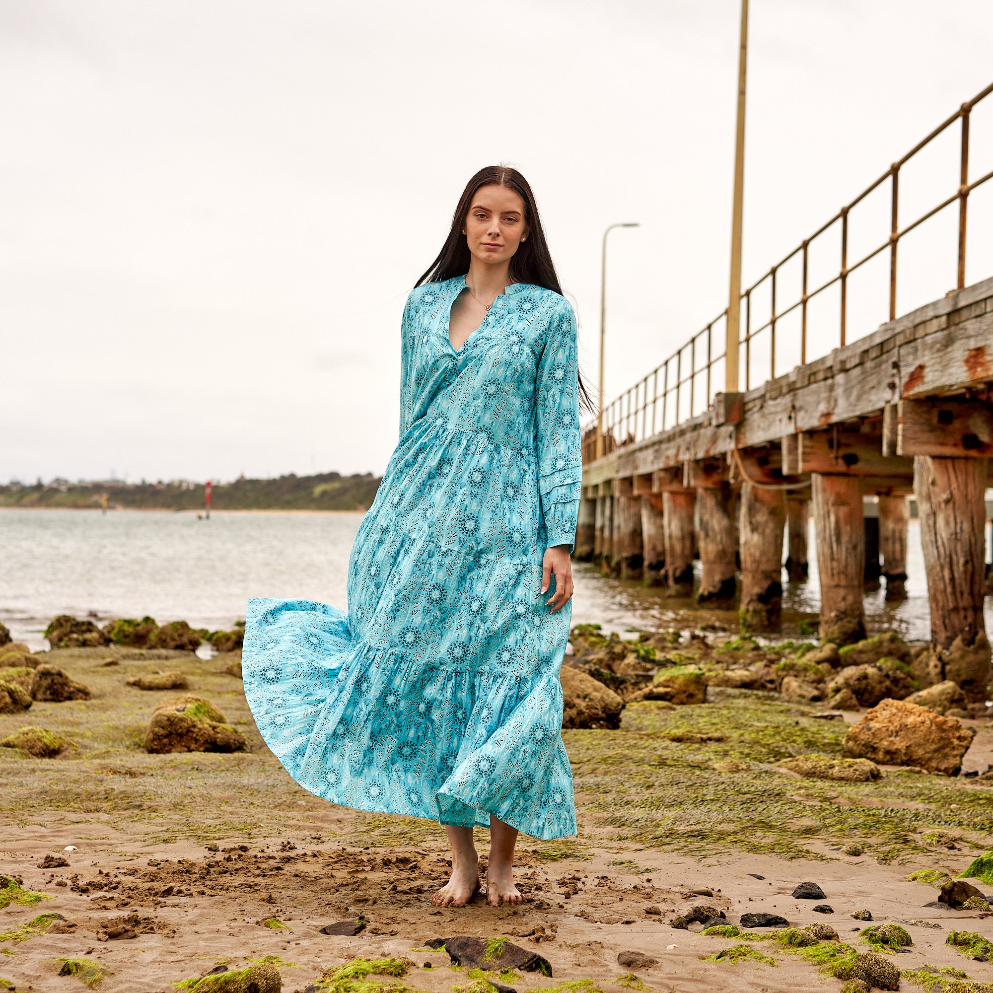 'Indigo Blooms' 100% Cotton Maxi Dress