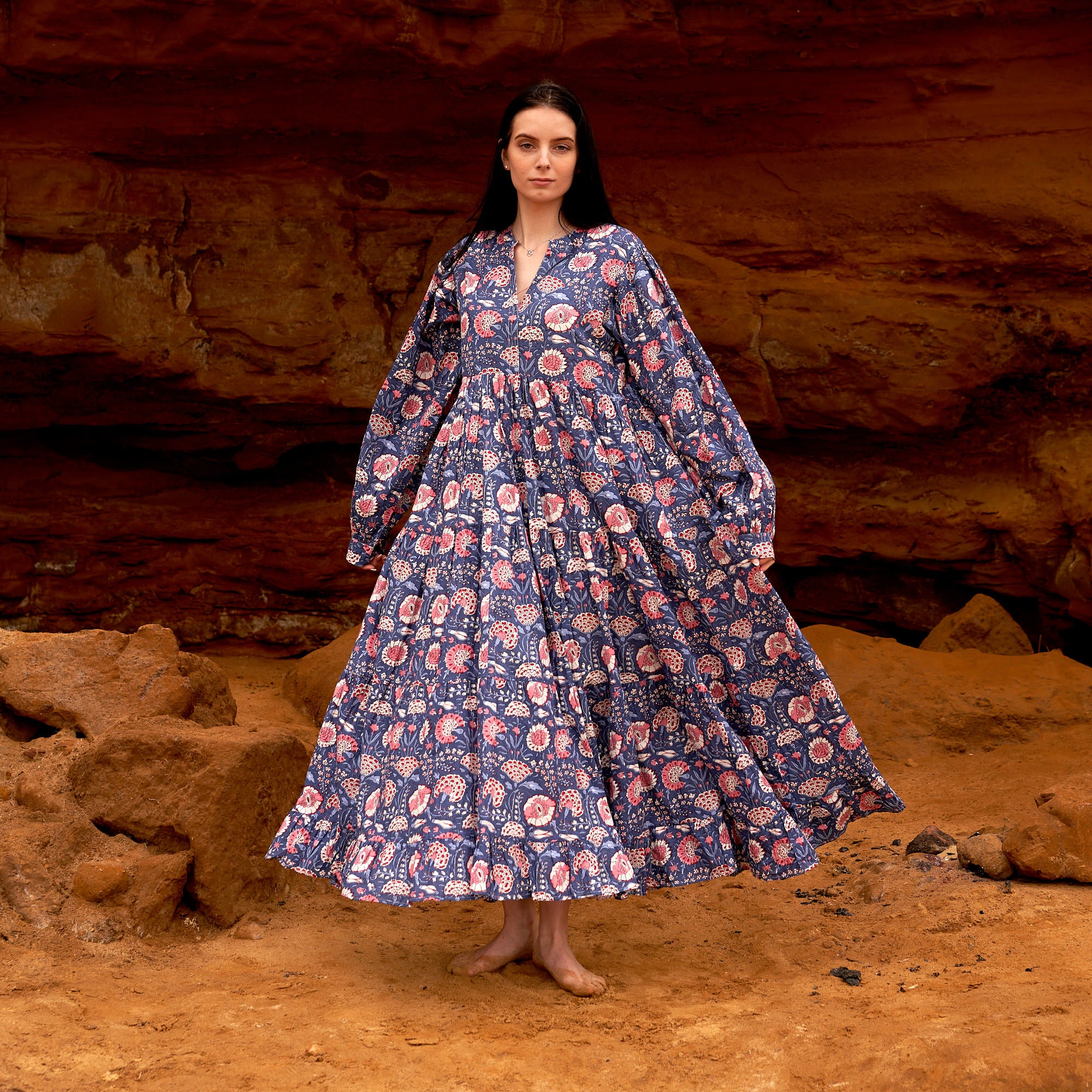 'Peach Blossoms in Blue' 100% Cotton Maxi Dress